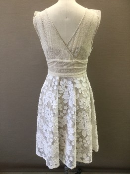 Womens, Dress, Sleeveless, MOULINETTE SOEURS, Cream, White, Beige, Cotton, Polyester, Floral, 6, Sheer White Lace with Cotton Flower Appliqués, Sleeveless, Cream Lace Accent Panel at Shoulders and Waistband, Sleeveless, Scoop Neck, A-Line, Knee Length, Back is Cream Lace in Wrapped V Closure, Solid Beige Slip Underlayer with Spaghetti Straps