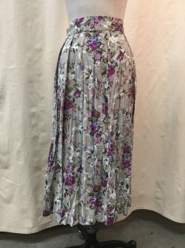 Womens, Skirt, NO LABEL, Lt Gray, White, Purple, Lavender Purple, Green, Synthetic, Floral, 38, Pleated, Zip Side