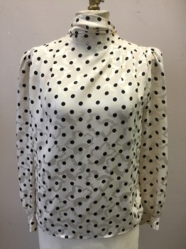 EVA LAUREL PETITE, Cream, Black, Polyester, Polka Dots, Floral, Pleated at Shoulders, L/S, Gathered at Sleeve At Cuff, Button Back, Collar is Self Scarf with Tie