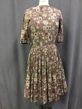 JO JR, Brown, Magenta Purple, Cream, Black, Cotton, Geometric, Novelty Pattern, High Bateau/Boat Neck, Button Back, 1/2 Sleeves with Ruffle Cuffs and Bow, Full Pleated Skirt, Rickrack Trim, Belt Loops, No Belt