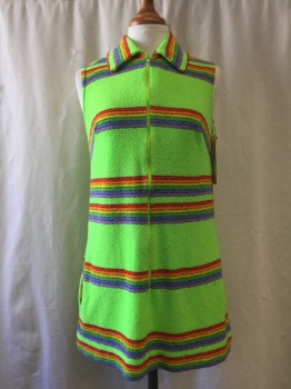 Lime Green, Multi-color, Cotton, Stripes, Lime Green, Rainbow Stripes, Zip Neck, Collar Attached, Sleeveless, 2 Pockets,
