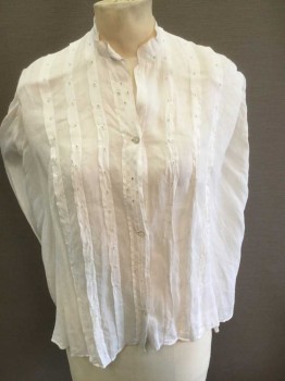N/L, White, Cotton, Solid, Long Sleeve Button Front, Stand Collar, Vertical Pleats At Front with Eyelet Circle Details, Eyelet Circle Detail At Cuffs Also, Puffy Gathered Sleeves,