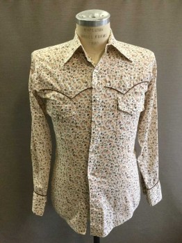 Mens, Western Shirt, Sanger Harris, White, Peach Orange, Dk Brown, Lt Brown, Lt Gray, Poly/Cotton, Floral, 33, 14.5, White Background with Peach/Browns/Lt Gray FloralCream Marble Snap Front, Long Sleeves, Western Yoke, Pointed Collar Attached, 2 Flap Pockets, Brown Piping