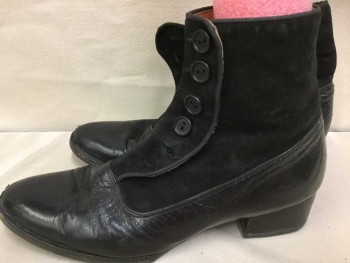 Womens, Boots 1890s-1910s, Gamba, Black, Leather, Suede, Solid, 7, 1" Stack Heel, Button Side, Ankle High