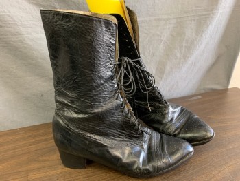 Womens, Boots 1890s-1910s, N/L, Black, Leather, Solid, 9, Mid Calf, Lace Up, Cap Toe, 1.5" Heel, Aged/Distressed,