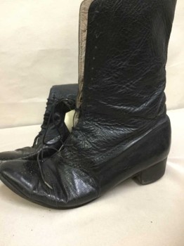 N/L, Black, Leather, Solid, Mid Calf, Lace Up, Cap Toe, 1.5" Heel, Aged/Distressed,