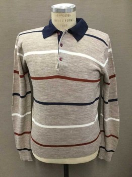 MISTER, Beige, Navy Blue, White, Rust Orange, Acrylic, Stripes - Horizontal , Knit, Navy Collar, Long Sleeves, 3 Buttons, **Small Hole At Front Waist