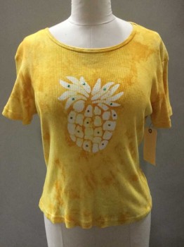 Womens, T-Shirt, Kim & Cami, Mustard Yellow, Off White, Cotton, Novelty Pattern, Tie-dye, Medium, Short Sleeve,  Scoop Neck, Ribbed Knit, Pineapple Print On Front, Multicolor Rhinestones