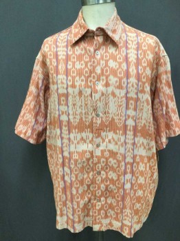 N/L, Terracotta Brown, Lt Pink, Cotton, Ikat, with Tan and Lavender Stripes, S/S, C.A., Multiples,