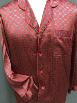 Mens, Sleepwear PJ Top, WINTER SILK, Red, Brown, Black, Yellow, Silk, Novelty Pattern, Diamonds, L, Notched Lapel, Button Front, 1 Pocket & Long Sleeves Cuffs, All with Red Piping Trim