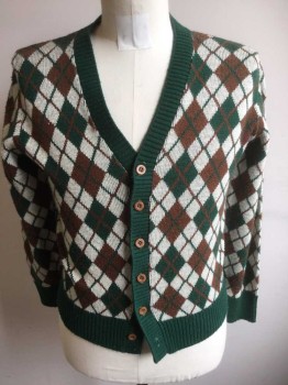 Mens, Sweater, WINTUK, Green, Ivory White, Brown, Acrylic, Argyle, C 36, S, Cardigan, 6 Buttons, Long Sleeves,
