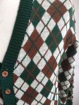 Mens, Sweater, WINTUK, Green, Ivory White, Brown, Acrylic, Argyle, C 36, S, Cardigan, 6 Buttons, Long Sleeves,