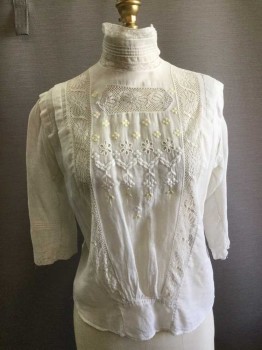 N/L, Off White, Lemon Yellow, Cotton, Floral, Batiste with Eyelet Lace and Inlay Lace Panels with Floral Design, Lemon Floral Embroidery Detail at Front Panel, 3/4 Sleeves, High Collar Band with Tuck Pleats and Lace Trim. Button Closure at Center Back,  with Tuck Pleats at Back. Replaced Nylon Peplum at Back. Some Stains at Collar Band and Armpits. Repair Work at Center Back Neck,