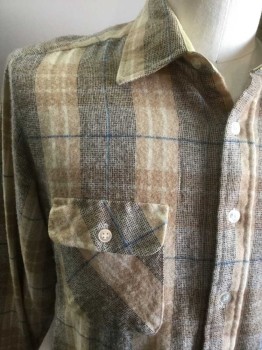 ARROW, Brown, Lt Brown, Blue, Wool, Nylon, Plaid, Button Front, Long Sleeves, Collar Attached, 2 Flap Pockets