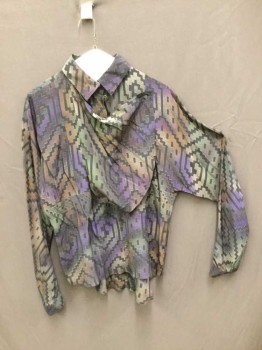 BASILE, Black, Olive Green, Purple, Brown, Silk, Geometric, Long Sleeves, Collar Attached, Button Placet with Draped Cawl Over Button Front Upper