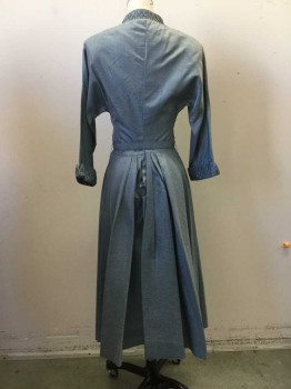 Womens, Cocktail Dress, NL  , Slate Blue, Silk, Rayon, Heathered, W24, B36, Covered Button Placet Front. Diamond Shaped Textured Pleated Bib Front, Cuffs & Collar Band with Rhinestones.fitted Dolman Sleeves. Skirt Pleated to Waist with Self Belt. Stain at Front Button Opening at Neckline