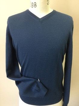 Mens, Pullover Sweater, BOSS, Teal Blue, Wool, Solid, M, Mute Teal Blue, Knit Ribbed V-neck, Long Sleeves Cuffs & Hem