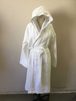 Womens, SPA Robe, HUDSON, White, Cotton, Solid, O/S, Waffle Knit Robe with Cotton Hood, Self Belt, 2 Pockets