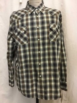 LUCKY BRAND, Beige, Brown, Green, Black, Yellow, Cotton, Plaid, Beige/ Brown/ Green/ Black/ Yellow Plaid, Snap Front, Collar Attached,  2 Flap Pockets Long Sleeves,