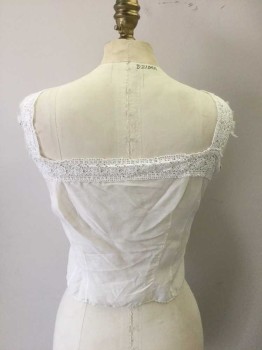 NL, Cream, Silk, Cotton, Solid, Floral, Silk Chemise with Button Front, Floral Lace Trim at Chest Line and Shoulder Straps. Square Neckline