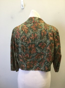 N/L, Olive Green, Rust Orange, Poly/Cotton, Novelty Pattern, Jacket, 3/4 Sleeves. Open Front with Notched Lapel