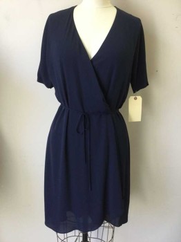 Womens, Dress, Short Sleeve, BABATON, Navy Blue, Silk, Solid, L, Double Layer, Short Sleeves, Above Knee Wrap Dress