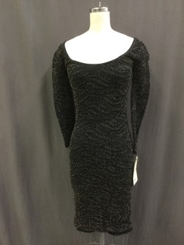 BEBE, Black, Gold, Nylon, Abstract , Scoop Neck, Long Sleeves, Stretch Lace, Flat Lined, Knit Hem