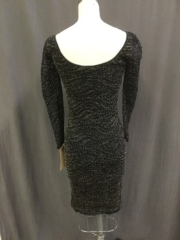 BEBE, Black, Gold, Nylon, Abstract , Scoop Neck, Long Sleeves, Stretch Lace, Flat Lined, Knit Hem