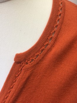 KATE HILL, Burnt Orange, Wool, Solid, Button Front, Long Sleeves, Crochet Knit Detail Along Placket