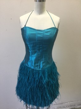 BETSEY JOHNSON, Turquoise Blue, Polyester, Feathers, Solid, Glittery/Metallic Strapless Bodice with Built in Boning, Sweetheart Bustline, Turquoise Ostrich Feather Mini Skirt, Center Back Zipper, Detachable Halter Strap