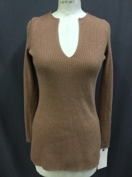 Womens, Pullover, ANTHROPOGIE, Sienna Brown, Acrylic, Solid, XXS, V-neck, Rib Knit, Long Sleeves, Side Slits