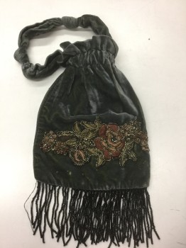 N/L MTO, Dk Gray, Black, Brown, Bronze Metallic, Cotton, Beaded, Floral, Solid, Dark Gray Velvet Reticule Purse, with Brown Floral Appliqués with Bronze Metallic Beading Accents, Black Beaded Tassels at Bottom, Drawstring Opening with Self Handle, Made To Order