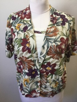 Womens, Blouse, ALFRED DUNNER, Ecru, Multi-color, Maroon Red, Olive Green, Rust Orange, Rayon, Floral, Leaves/Vines , B40, Sz. 8, Short Sleeves, 2 Button Front with Notched Collar, Solid Ecru Modesty Panel Attached with Self Fabric Trim, Padded Shoulders,