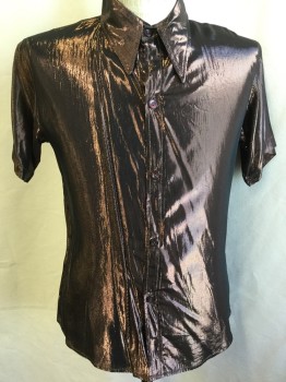 Mens, Club Shirt, SLOW, Copper Metallic, Dk Brown, Polyester, Solid, M, Shinny, Collar Attached, Button Front, S/S,