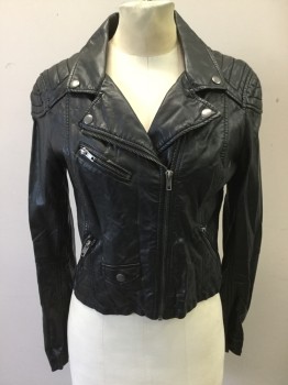 DIVIDED, Black, Faux Leather, Solid, Motorcycle Style, Zip Front, Snap Down Collar Attached, Quilted Shoulders, 4 Pockets, Zip Up Sleeve Hem