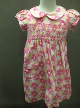 Childrens, Dress, N KIDS, Bubble Gum Pink, Pink, White, Lt Yellow, Cotton, Floral, Girls, 6, Puff Short Sleeves, Peter Pan Collar, Smocked Panel at Chest, Self Belt Ties at Waist, 1 Patch Pocket on Skirt