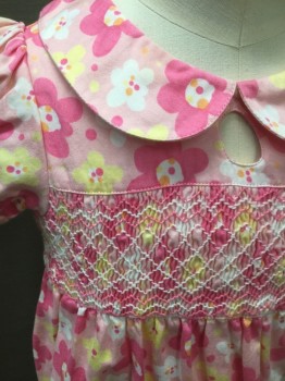 N KIDS, Bubble Gum Pink, Pink, White, Lt Yellow, Cotton, Floral, Puff Short Sleeves, Peter Pan Collar, Smocked Panel at Chest, Self Belt Ties at Waist, 1 Patch Pocket on Skirt