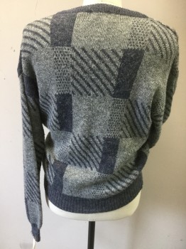 PACIFIC CLUB, Lt Gray, Dusty Blue, Acrylic, Wool, Geometric, Pullover, Crew Neck, Late 1980's