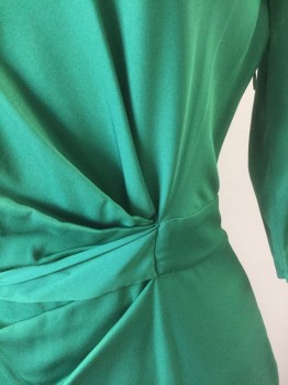 Womens, Dress, Long & 3/4 Sleeve, DVF, Emerald Green, Synthetic, Solid, 4, Stretch Satin Material, 3/4 Sleeves, Scoop Neck, Self Belt Ties at Side Waist, with Gathered Sculptural Detail at Waist, Knee Length, Invisible Zipper at Side