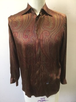 ETRO, Multi-color, Red Burgundy, Olive Green, Ochre Brown-Yellow, Sage Green, Silk, Paisley/Swirls, Satin, Long Sleeve Button Front, Collar Attached,
