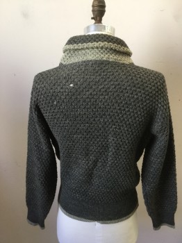 Mens, Sweater, REVERE, Gray, Lt Olive Grn, Wool, Color Blocking, M, Pullover, Shawl Collar, Lt Olive Colorblock Neck, Bubble Knit, Long Sleeves, Ribbed Knit Cuff/Waistband with Lt Olive Trim (Holes in Back, Back of Left Sleeve and Center Back Hem)