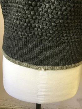 Mens, Sweater, REVERE, Gray, Lt Olive Grn, Wool, Color Blocking, M, Pullover, Shawl Collar, Lt Olive Colorblock Neck, Bubble Knit, Long Sleeves, Ribbed Knit Cuff/Waistband with Lt Olive Trim (Holes in Back, Back of Left Sleeve and Center Back Hem)
