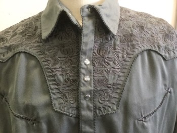 Mens, Western, SCULLY, Gray, Cotton, Solid, Floral, XXL, Collar Attached, Pearl Grey Snap Front, Black and Grey Striped Piping, Floral Yolk/cuffs  Embroidery