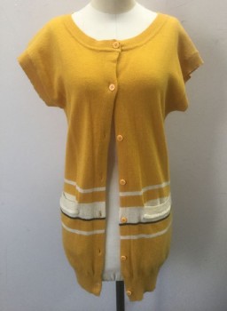 Womens, Sweater, CAROLE LITTLE, Sunflower Yellow, Cream, Black, Wool, Solid, Stripes - Horizontal , S, Cardigan, Cap Sleeves, Yellow with Cream and Black Stripes Near Hip Level, 2 Pockets, Scoop Neck, Tunic Length