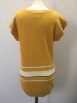 Womens, Sweater, CAROLE LITTLE, Sunflower Yellow, Cream, Black, Wool, Solid, Stripes - Horizontal , S, Cardigan, Cap Sleeves, Yellow with Cream and Black Stripes Near Hip Level, 2 Pockets, Scoop Neck, Tunic Length