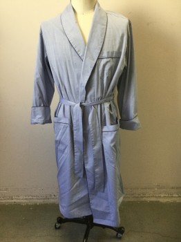 Mens, Bathrobe, BROOKS BROTHERS, Lt Blue, Navy Blue, Cotton, Solid, M, Lightweight Cotton, Long Sleeves, Shawl Lapel, Navy Piping Trim, 3 Patch Pockets, **2 Piece with Matching Sash BELT