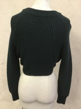 Womens, Pullover Sweater, TOPSHOP, Dk Green, Cotton, Solid, 2, Dark Forrest Green Ribbed, Vertical/diagonal/horizontal Ribbed Pattern, Round Neck with Goldenrod Inside,  Cropped, Long Sleeves,
