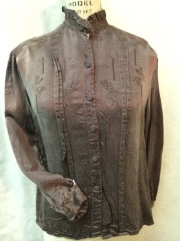 MTO, Brown, Silk, Polyester, Floral, Faded/crushed Brown, Stand Collar Attached with Ruffle Trim, Pleat & Floral Embroidery with Orange Top Stitches, Button Front, Long Sleeves,