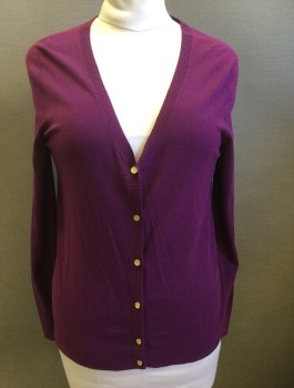 TALBOTS, Plum Purple, Rayon, Nylon, Solid, Knit, Long Sleeves, V-neck, 6 Small Gold Buttons with Basketweave Texture
