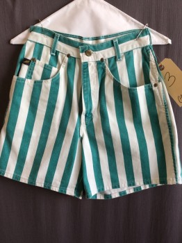Womens, Shorts, CHIC, Teal Green, White, Cotton, Stripes - Vertical , 3, W 22, Jean Cut, Zip Front, 5 Pockets